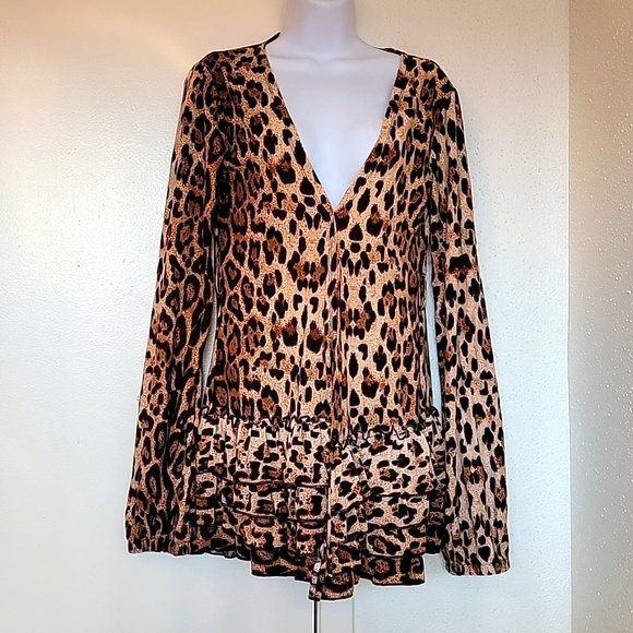 Brand New Leopard Print Ruffle Hem Mini Dress Tunic Coverup - Picture 4 of 9